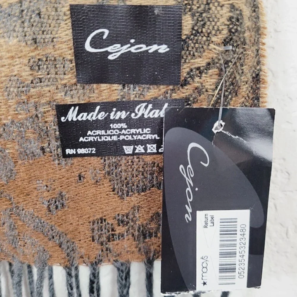 Cejon Ombre Paisley Woven Scarf With Fringe Brown Made In Italy NWT 12